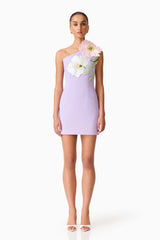 Brunette model wearing Hope One Shoulder Mini Dress in Purple front shot