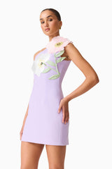 Brunette model wearing Hope One Shoulder Mini Dress in Purple side shot