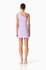 Brunette model wearing Hope One Shoulder Mini Dress in Purple back shot