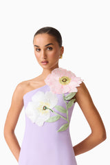 Brunette model wearing Hope One Shoulder Mini Dress in Purple close up shot