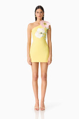 Brunette model wearing Hope One Shoulder Mini Dress in Yellow front shot