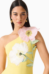 Brunette model wearing Hope One Shoulder Mini Dress in Yellow close up shot