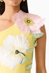 Brunette model wearing Hope One Shoulder Mini Dress in Yellow detail shot