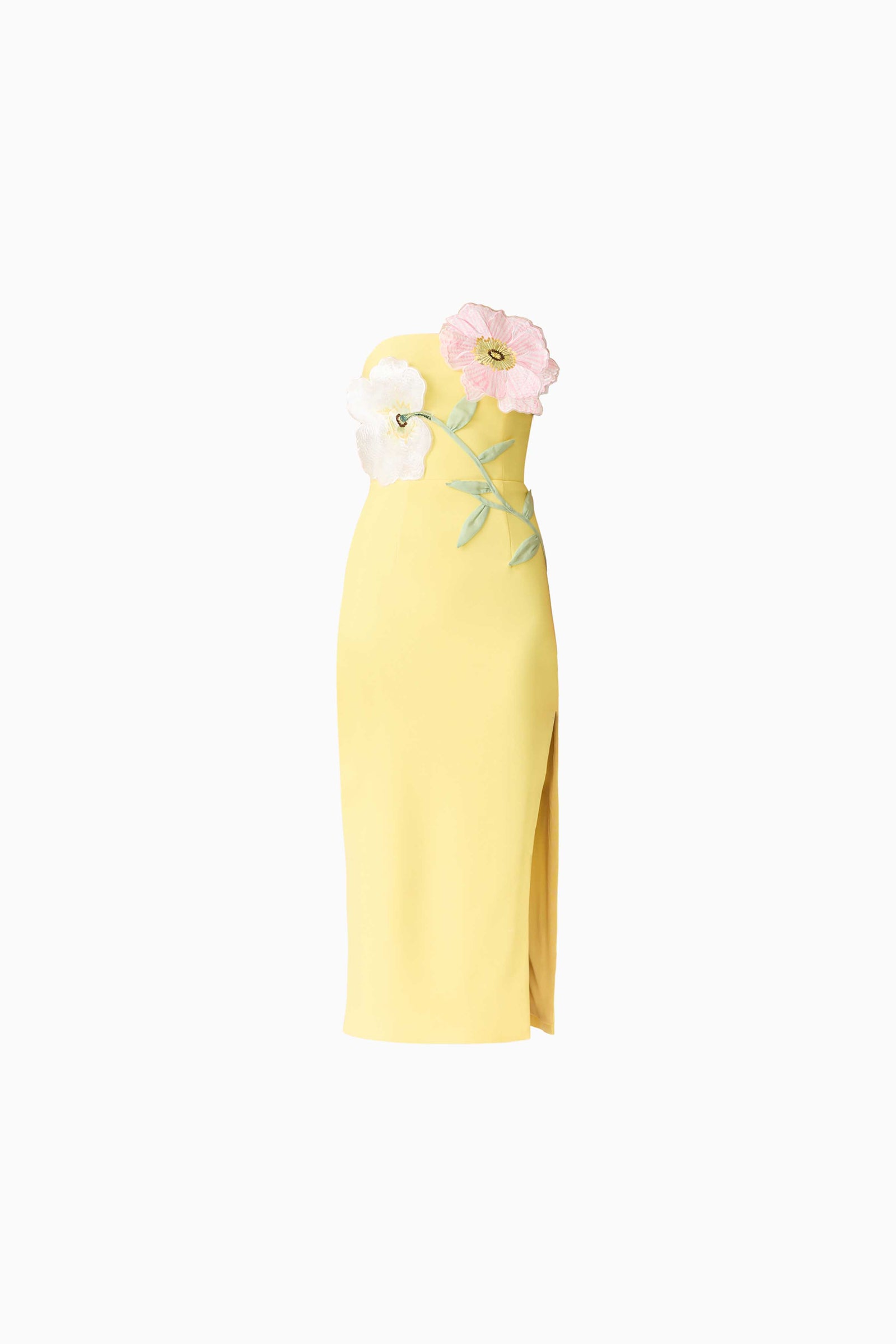 Hope Strapless Midi Dress in Yellow | 3D Floral Applique Elliatt Hope Strapless Midi Dress in Yellow | 3D Floral Applique Elliatt
