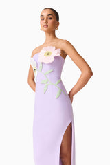 Brunette model wearing the Hope Strapless Midi Dress in Purple close up shot 