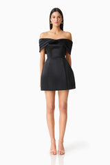 Brunette model wearing Hope Off The Shoulder Mini Dress in Black front shot