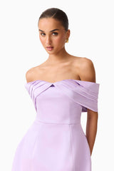 Brunette model wearing the Hope Off the Shoulder Mini Dress in Purple close up shot 