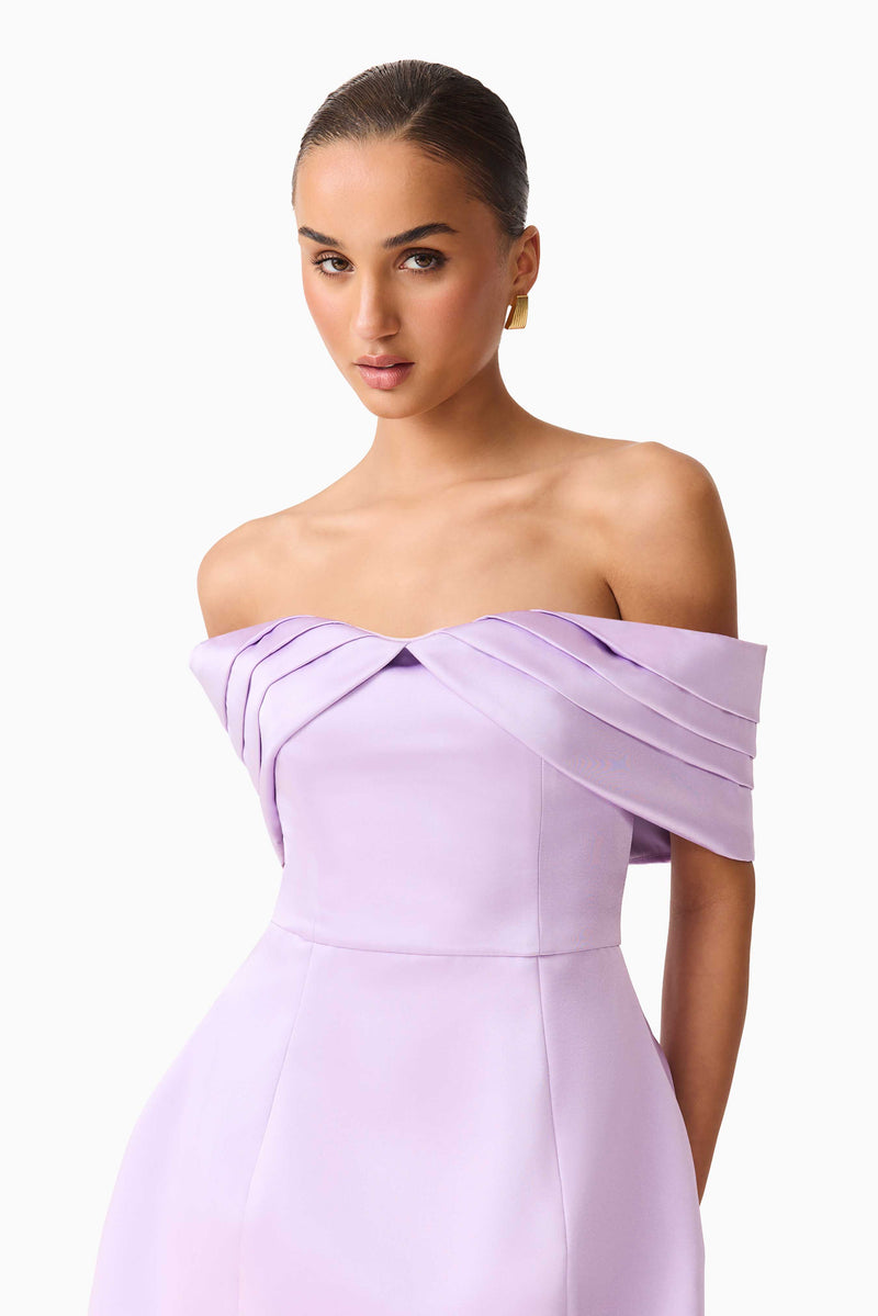 Hope Off the Shoulder Mini Dress in Purple Tulip Skirt Detailing