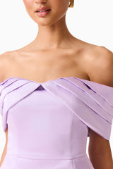 Brunette model wearing the Hope Off the Shoulder Mini Dress in Purple detail shot 