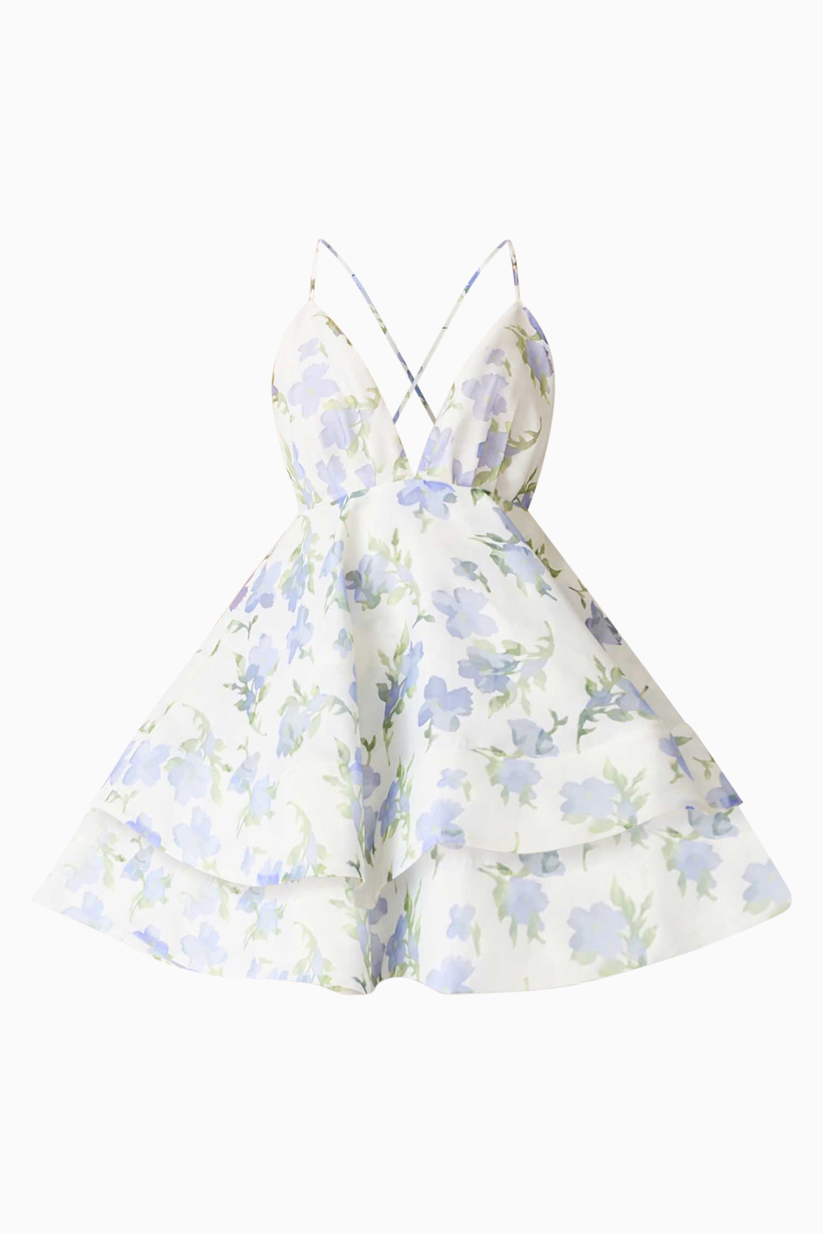 Cleo Tiered Mini Dress in White & Blue Floral – Elliatt