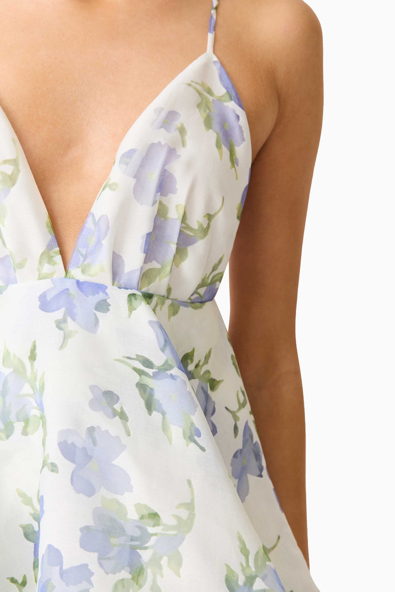 Cleo Tiered Mini Dress in White & Blue Floral – Elliatt