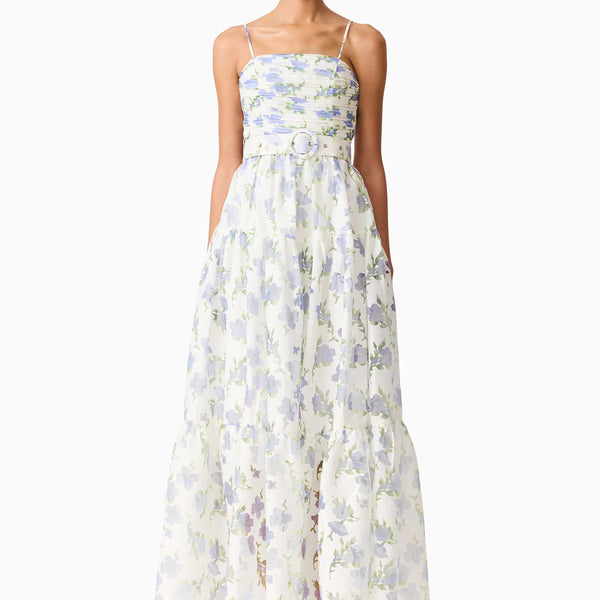 chinese dress ladies Cleo A-line Gown in White & Blue Floral – Elliatt