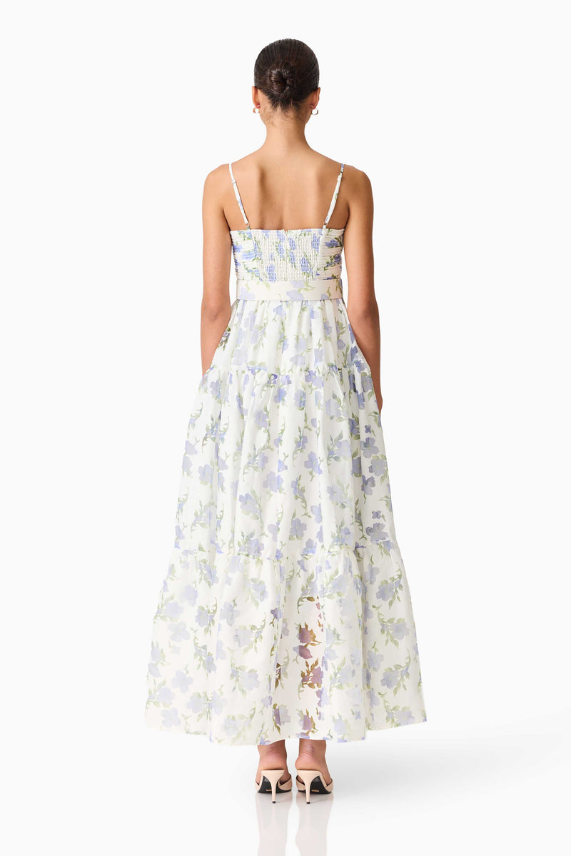 Cleo A-line Gown in White & Blue Floral – Elliatt