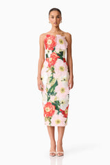 Brunette model wearing the Solara Strapless Midi Dress in Pink Floral front shot 