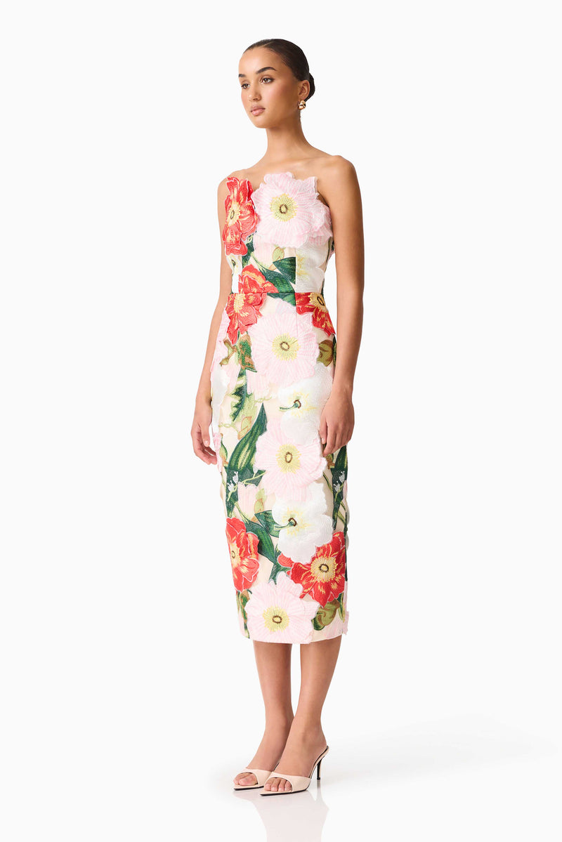 Solara Strapless Midi Dress - Pink Floral - XXS - ELLIATT Solara Strapless Midi Dress - Pink Floral - XXS - ELLIATT