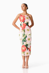 Brunette model wearing the Solara Strapless Midi Dress in Pink Floral posed shot 