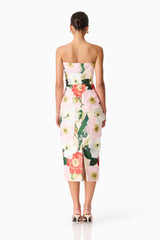 Brunette model wearing the Solara Strapless Midi Dress in Pink Floral back shot 