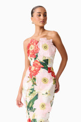 Brunette model wearing the Solara Strapless Midi Dress in Pink Floral close up posed shot 