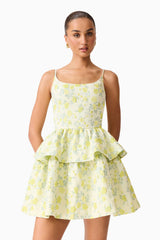 Brunette model wearing the Posey Jacquard Mini Dress in Green Floral close up shot