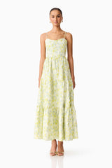 Brunette model wearing Posey Jacquard Gown in Green Floral front shot