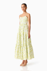 Brunette model wearing Posey Jacquard Gown in Green Floral side shot