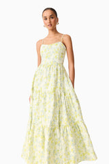 Brunette model wearing Posey Jacquard Gown in Green Floral close up shot