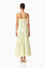 Brunette model wearing Posey Jacquard Gown in Green Floral back shot