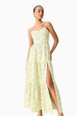 Brunette model wearing Posey Jacquard Gown in Green Floral posed shot
