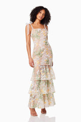 model wearing EXPERIENCE TIERED MAXI DRESS IN MULTI side shot
