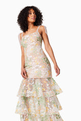 model wearing EXPERIENCE TIERED MAXI DRESS IN MULTI side shot