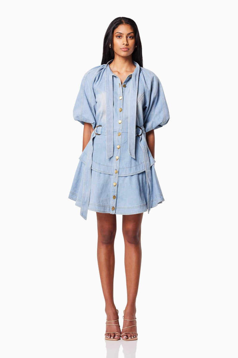 model wearing ART COLLARED MINI DRESS IN BLUE front shot