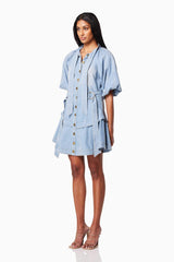 model wearing ART COLLARED MINI DRESS IN BLUE side shot