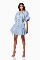 model wearing ART COLLARED MINI DRESS IN BLUE movement shot