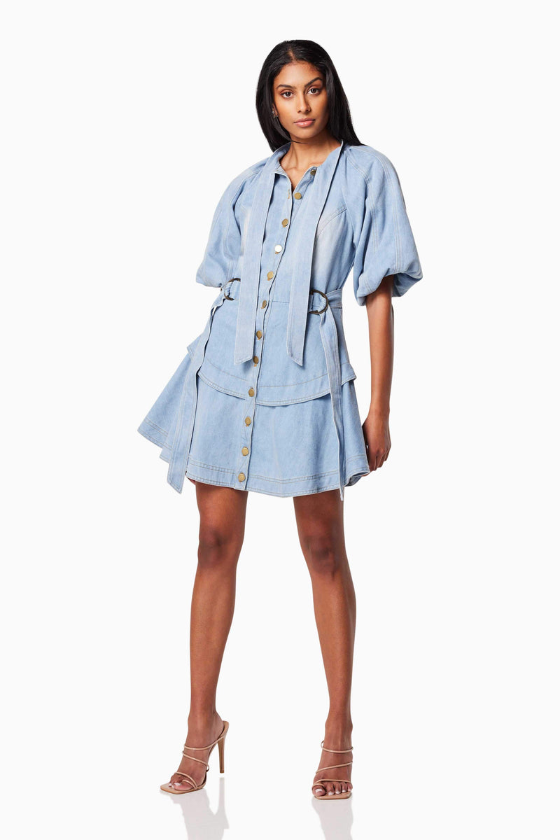 model wearing ART COLLARED MINI DRESS IN BLUE movement shot