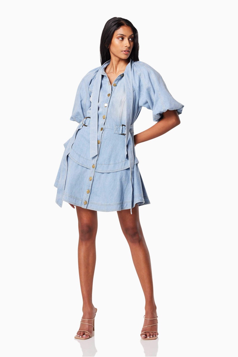 model wearing ART COLLARED MINI DRESS IN BLUE front shot