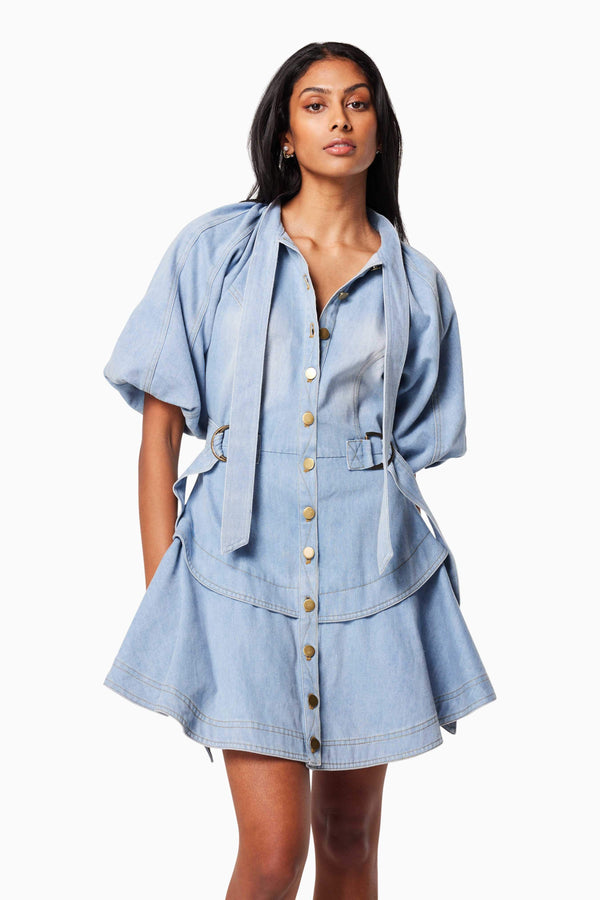 model wearing ART COLLARED MINI DRESS IN BLUE close up shot