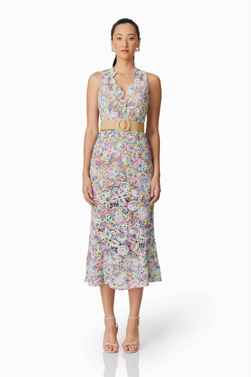 Brunette model wearing Rue Crochet Midi Dress in Purple front shot