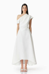 Brunette model wearing Marissa One Shoulder Gown in White front shot