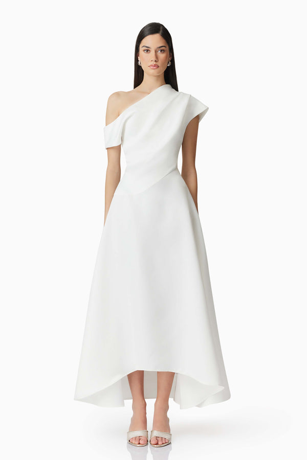 Brunette model wearing Marissa One Shoulder Gown in White front shot