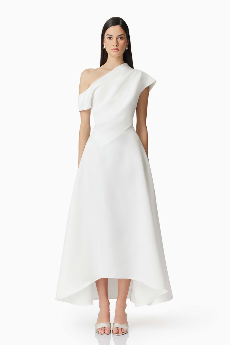 Brunette model wearing Marissa One Shoulder Gown in White front shot