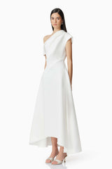 Brunette model wearing Marissa One Shoulder Gown in White posed shot