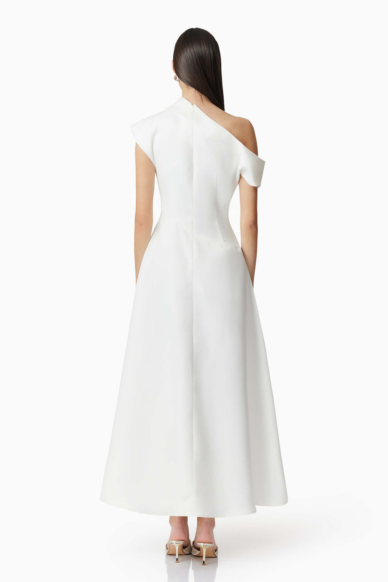 Brunette model wearing Marissa One Shoulder Gown in White back shot