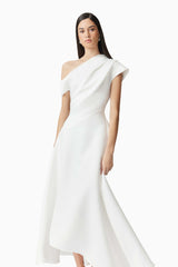 Brunette model wearing Marissa One Shoulder Gown in White close up shot