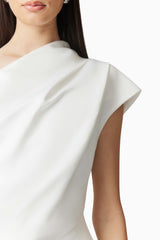 Brunette model wearing Marissa One Shoulder Gown in White detail shot