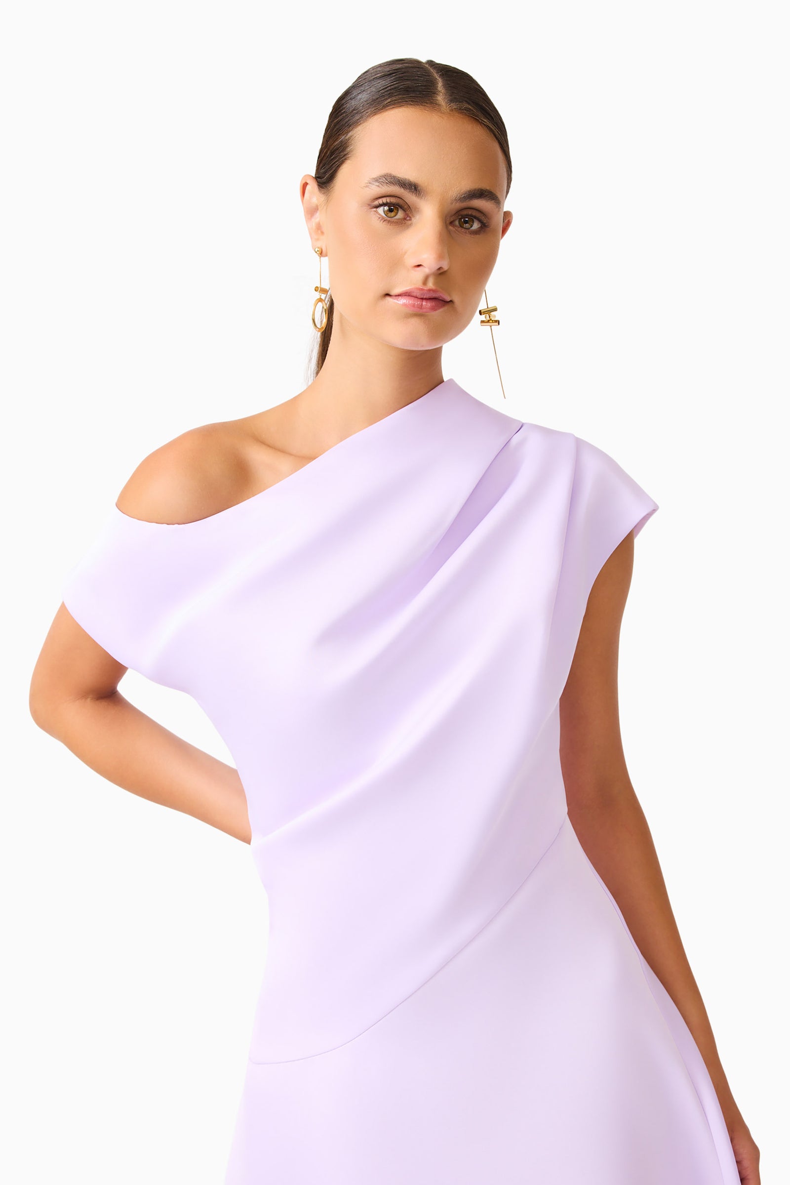 open lace back dress Marissa One Shoulder Gown in Purple