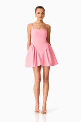 Brunette model wearing the Risa Square Neck Mini Dress in Bubblegum Pink posed front shot