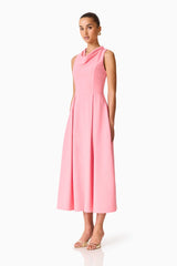Brunette model wearing the Risa Cowl Neck Gown Dress in Bubblegum Pink side shot