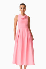 Brunette model wearing the Risa Cowl Neck Gown Dress in Bubblegum Pink posed close up shot