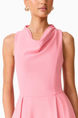 Brunette model wearing the Risa Cowl Neck Gown Dress in Bubblegum Pink detail shot
