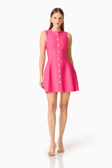 Brunette model wearing the Opline Tuplip Mini Dress in Hot Pink front posed shot 